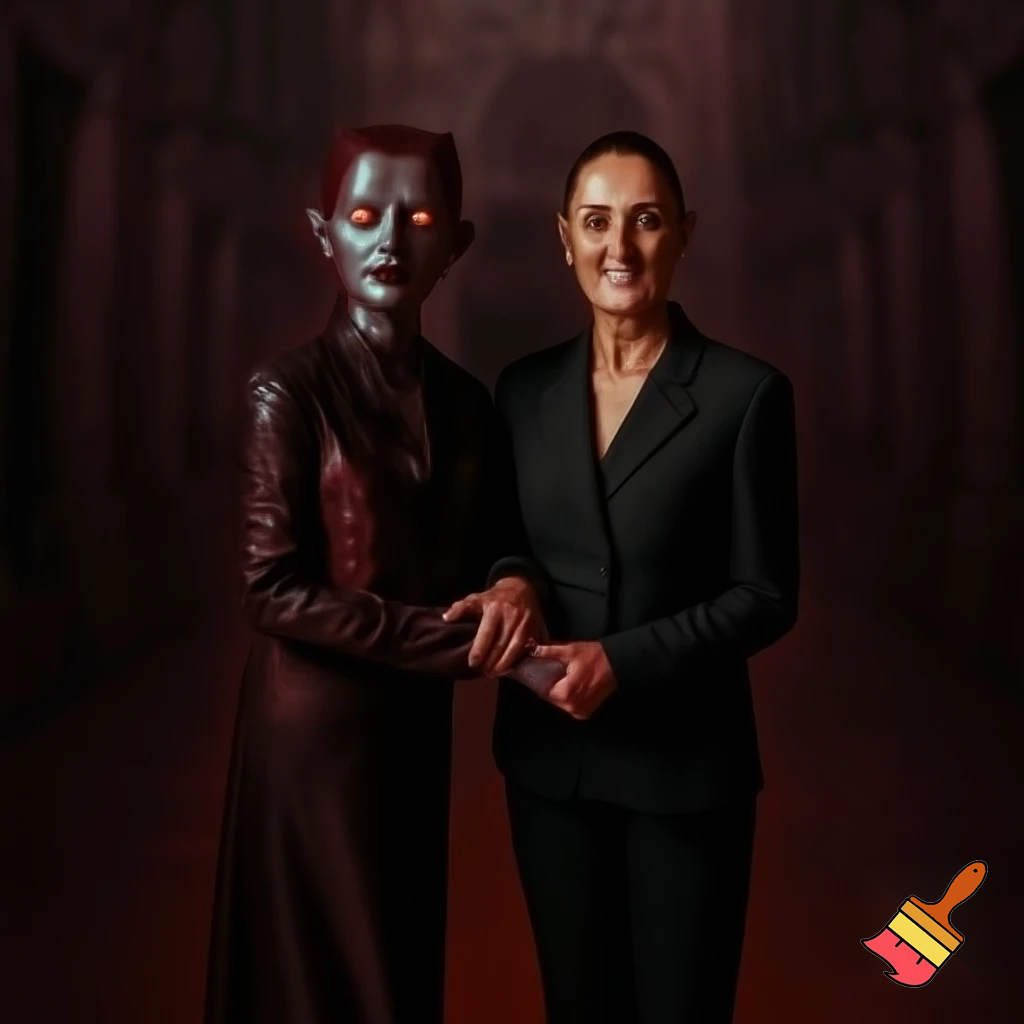 claudia sheinbaum holding hands with the devil and smiling, full body, 
