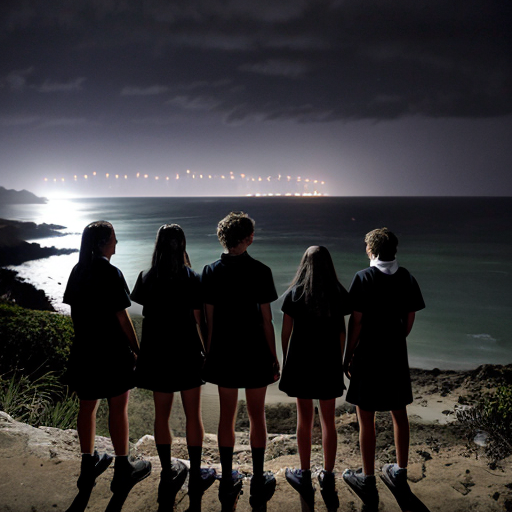 High school classroom yearbook group picture of people standing on the edge of the cliff to the ocean, at pitch black night heavy rainy night