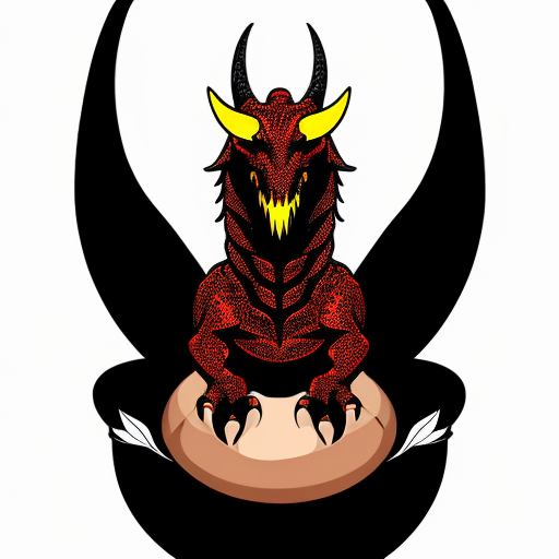 A dinosaur with a hell demon like head and it has wigs it is guarding an egg that is on top of a magma  pillar. There are some tiny dragons around it the area is covered in magma