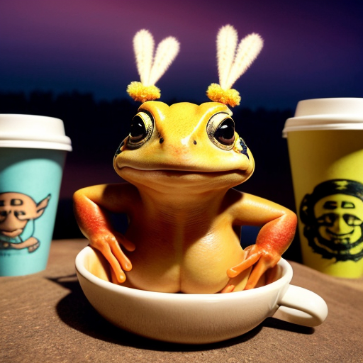 A hillarious, funny boho toad with some hippie colored coffee cups. Psychedelic decorated background.