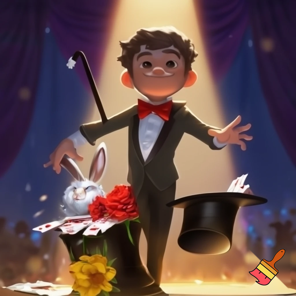 Preteen Boy Magician on Stage Tuxedo Red Bowtie Rabbit in Hat Cane Cards Flowers