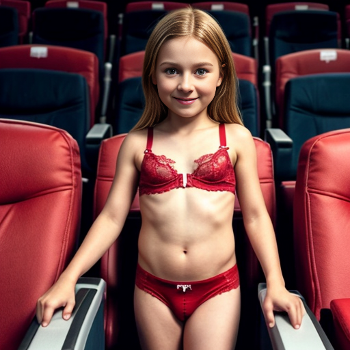 Genera la imagen de una niña rubia de 8 años vestida con lenceria roja, en una sala de cine con su padre