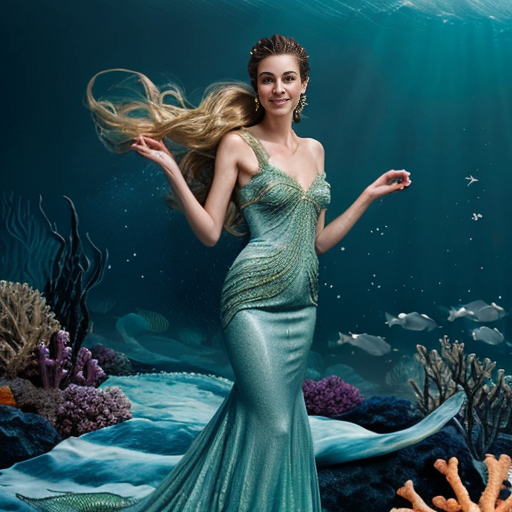 Cinderella’s gown flows like the waves of the sea, shimmering with deep ocean hues, and her hair cascades like seaweed, adorned with starfish and pearls with dark blue and green mermaid scale gown


