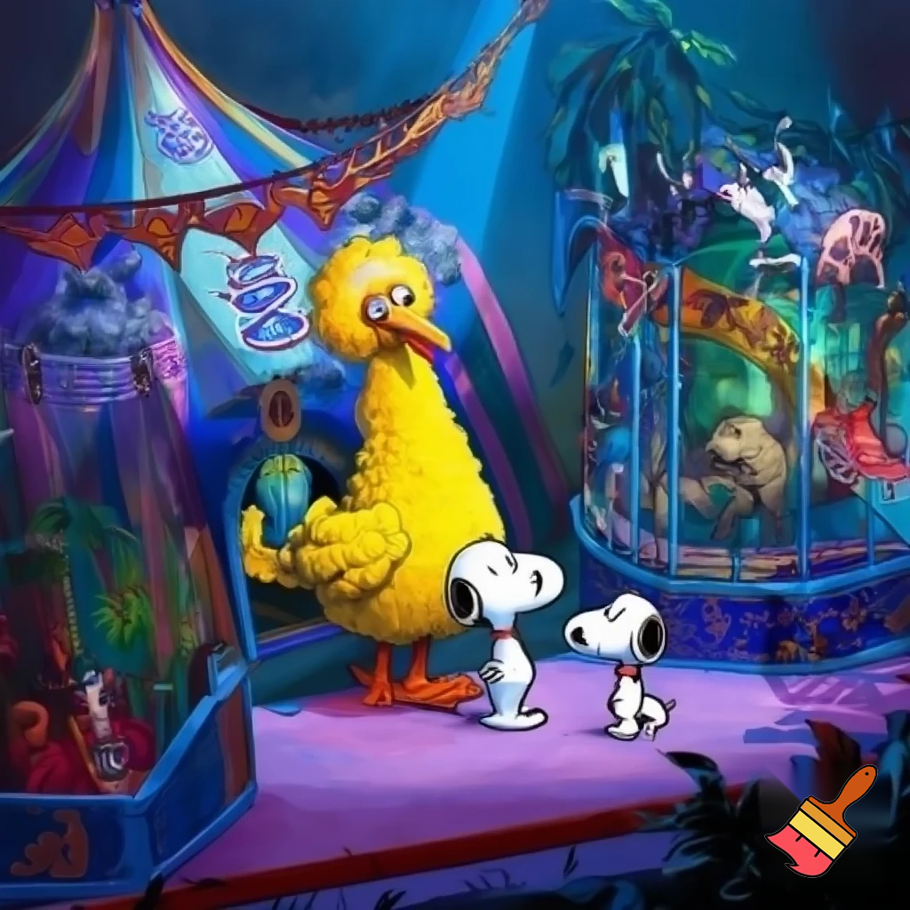 big bird and Snoopy are checking out freak show themed zoo



