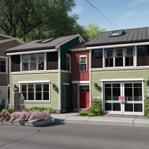 Generate an suburban neighborhood with one main rectilinear street and smaller, local streets separating off of it in a curved, varied manner. The urban space should have small street blocks with 5 or 6 uniform rectangular parcels and an interstate highway running along the edge of the neighborhood. Parcels should contain small square buildings and green garden areas behind them. Buildings should be mainly vernacular residential buildings (small homes) of about 2-3 floors with 2 or three small-scale commercial businesses on every other corner along the main street. Show entire neighborhood