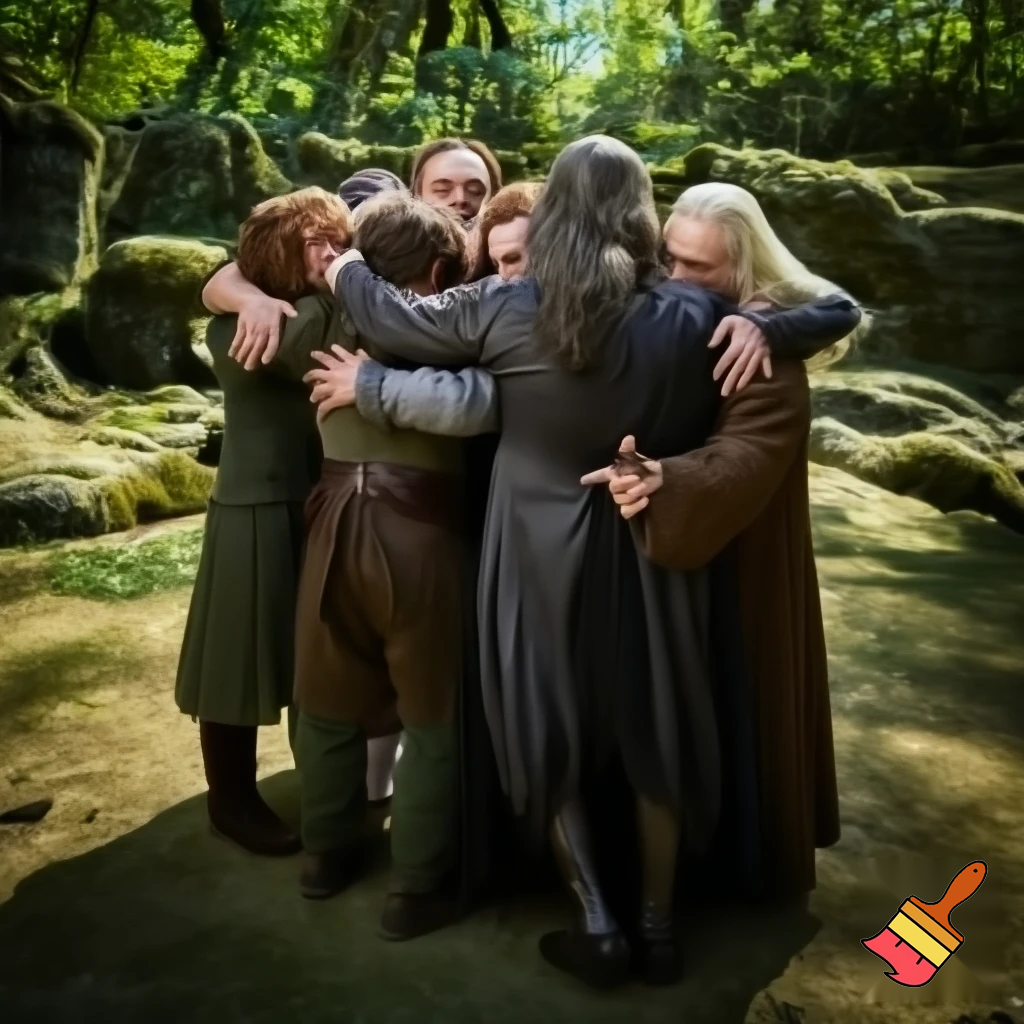 Legolas, Gimli, Aragorn, Smeagol, Frodo, Sam, Pippin, Mary, and Gandalf all hugging each other