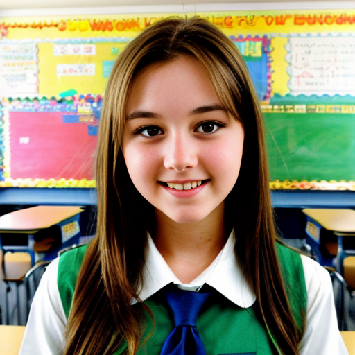 woman with long cirly brown hair in school uniform