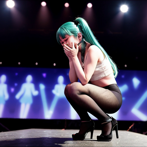 Hatsune Miku, a virtual singer, was performing on stage. She was wearing her standard performance outfit, paired with black tights and black platform Mary Jane heels, creating a striking and eye-catching look.

During the performance, Hatsune Miku's right heel got stuck, causing her right high heel to slip off. Due to the excessively high heel, she lost her balance and fell. When she tried to put the shoe back on, she found it was the wrong size; either too big and it would slip off easily, or too small and she couldn't get it on. She even tried hopping on one leg to put it back on, but still couldn't succeed. After several unsuccessful attempts, she had to be helped off the stage by staff.

While performing on stage, Hatsune Miku suddenly experienced a cramp in her right leg and fell. After a short rest, she tried to get up, but her right leg cramped again, causing her to fall to the ground once more. She looked pained and turned to adjust her posture. After further treatment, she was helped up by others and sat in a chair to massage her injured right leg to relieve the discomfort.

During the performance, Hatsune Miku accidentally sneezed, then covered her mouth and sneezed repeatedly, before covering her mouth and nose and bending over to cough. She continued coughing while bending over and turning around, then felt nauseous and began to vomit, painfully vomiting in a squatting position until she finally collapsed on stage from exhaustion.