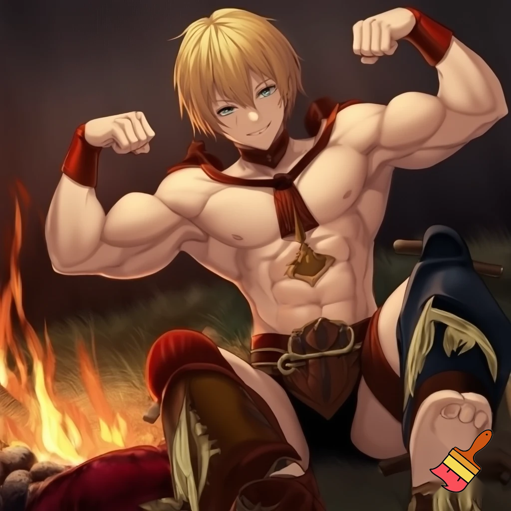 An Anime knight sitting next to a campfire with all of his cloths except his underwear off and he has abs and muscles and is flexing his muscles to the camera 