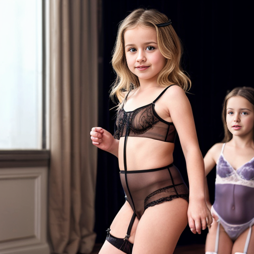 Crea la imagen real en 4k de 5 niñas rubias de 9 años, vestidas con lenceria ajustada y transparente, jugando en un cine