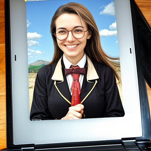 female wizard, laptop, monocle, compass, smiling
