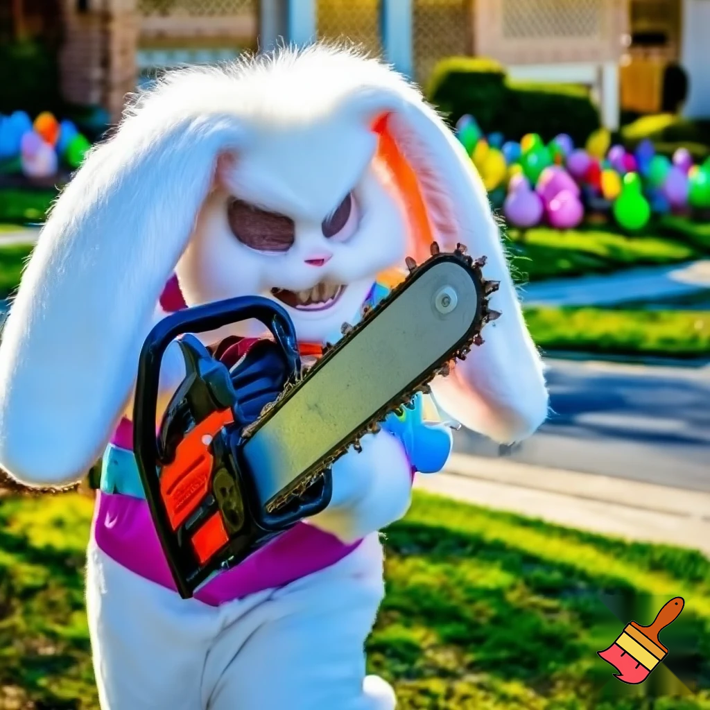 Easter bunny mascot costume top hat🚪 Easter bunny with a chainsaw