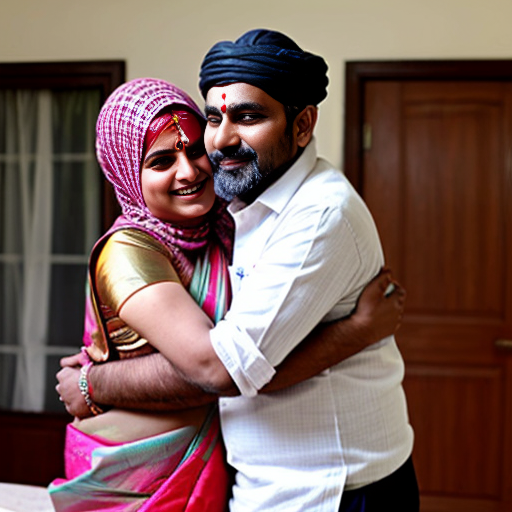 A Hindu Brahmin women in saree with slim muslim man wearing muslim cap Happy tight hug 