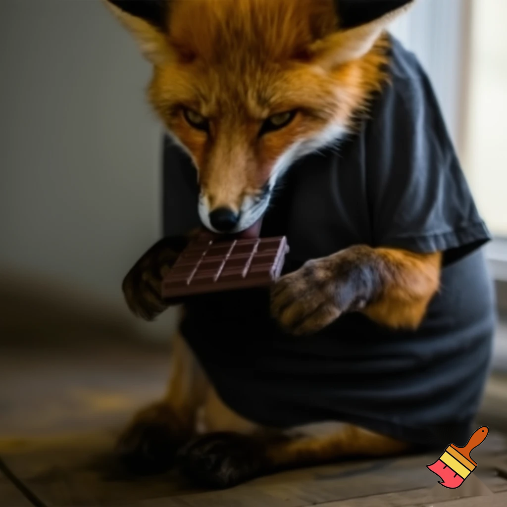 make a fox eating chocolate with a t shirt make it extra realistic
