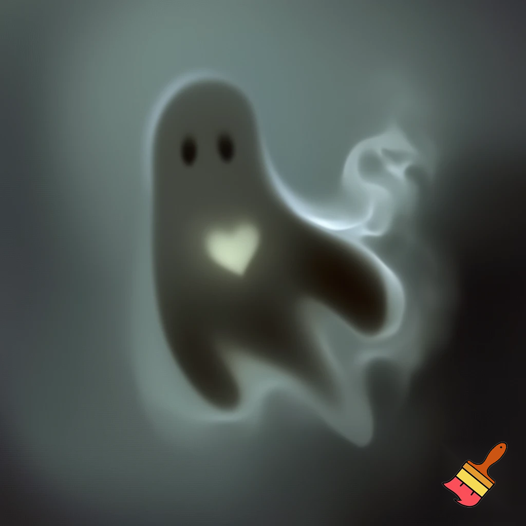 A ghost-like smoke creature made of shifting gray mist with a faint glowing heart at the center. His form is vague and semi-transparent, like a shadow trying to hold a shape. He floats instead of walking, with soft trails of vapor drifting behind. His appearance is quiet, fragile and mysterious, with a slightly anxious aura.