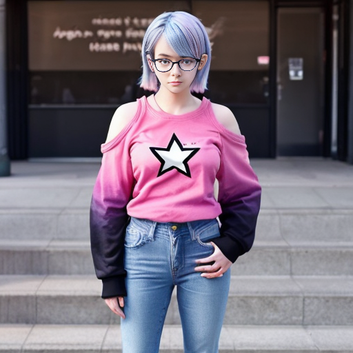 Make an anime girl with pink skin light blue jeans with black stars hair that is a gradient from black to pink but does not go past her shoulders and she also wears a link sweatshirt her eyes are pink her shoes are pink and she has black round glasses