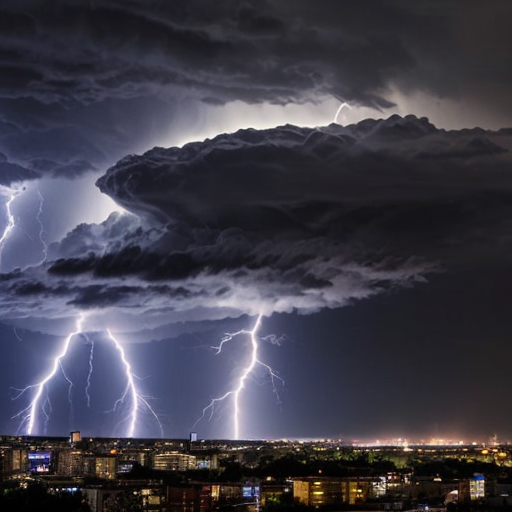 thunder and lightning striking on a city

