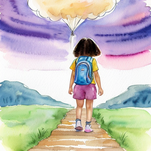 Little Dora purple backpack pink t-shirt orange short pants yellow socks white sneakers on a sitting big cloud in the sky from Dora the Explorer. migration