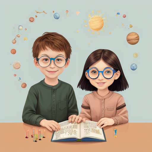 Warm, magical children’s book cover illustration.
Alek: younger boy, wearing round glasses, curious eyes, gentle smile, short hair.
Olga: girl about three years older than Alek, calm and caring expression, slightly taller, sitting close to him like an older sister, protective and confident.
They are surrounded by friendly science elements: glowing planets, floating magnets, light bulbs, Sun, Saturn, gears, test tubes with colorful liquids, stars, clouds, microscope and simple physics symbols.
Alek holds a magnifying glass, Olga holds a notebook, smiling and excited, standing together in a magical science world.
Style: painterly, high-quality children’s illustration, soft brush strokes, cinematic lighting, shallow depth of field, whimsical and heart-warming.
Colors: warm, natural palette — soft greens, blues, golden light, gentle pastels.
Mood: inspiring, safe, joyful, intelligent curiosity, love for learning.
Composition: front-facing, perfect for a book cover, centered characters, readable title area above, clean background with cozy details (toys, pillows, wooden shelves).
Ultra-detailed, 4k, storybook realism, no text distortion, no watermark, no logo.
