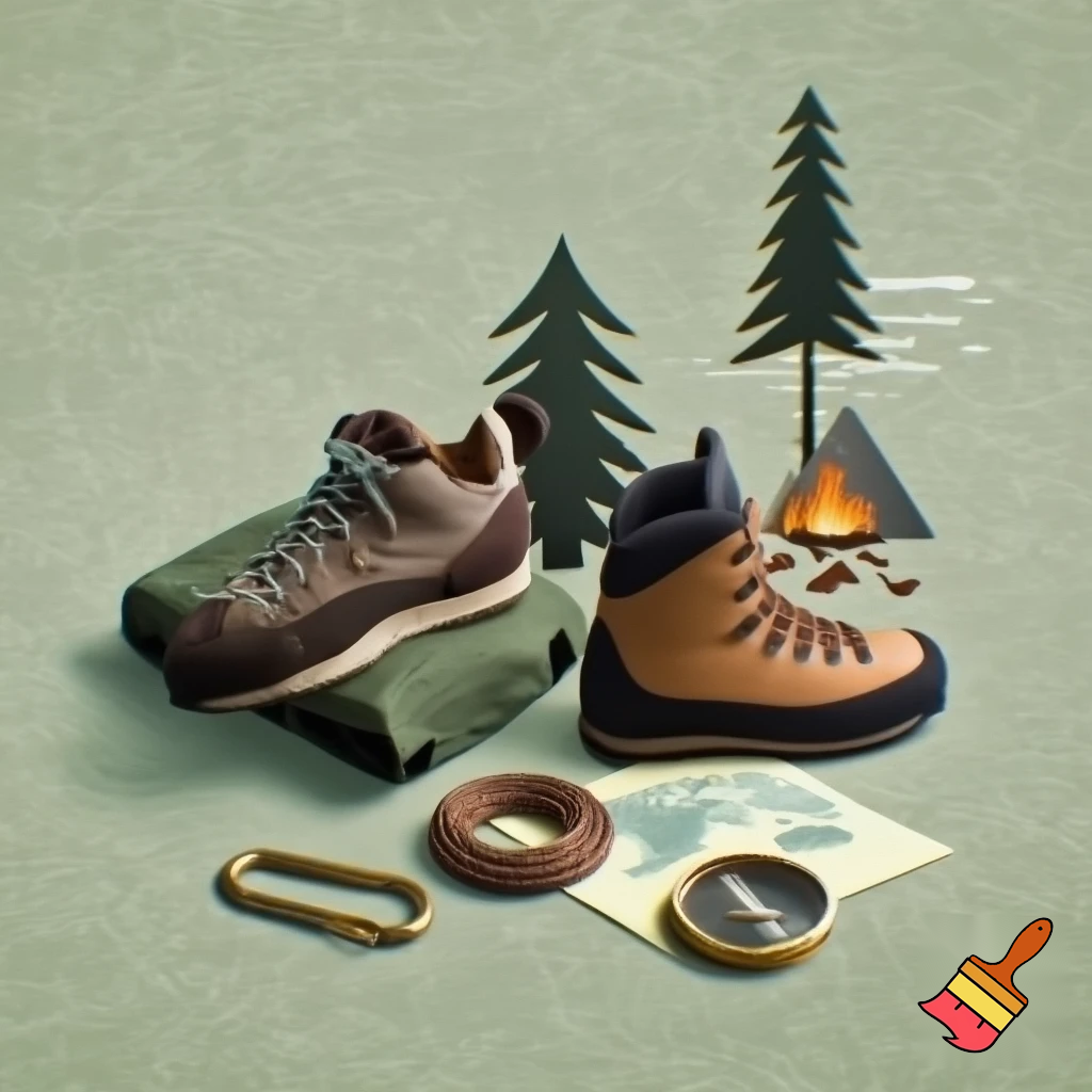 icons of nature exploration : climbing shoe, figure 8 knot, fir tree, mountain, campfire, tent, carabiner, compass, backpack, world map, hiking shoe, binoculars
