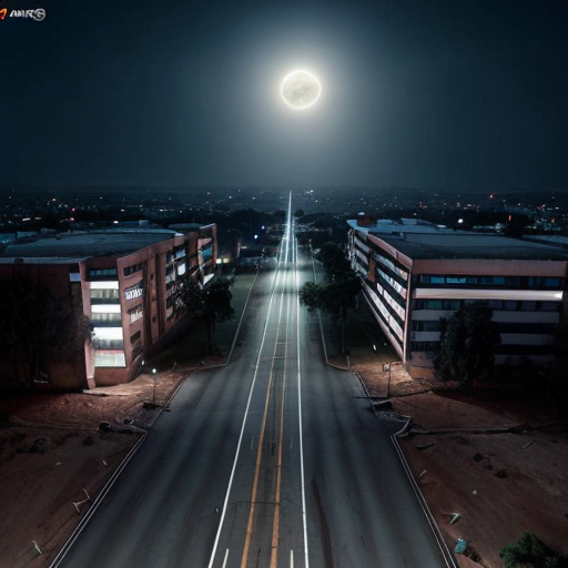 Night aerial view of a large engineering university campus, academic buildings, boys hostel, empty roads, cold blue moonlight, eerie atmosphere, cinematic animated horror movie style, Khooni Monday style