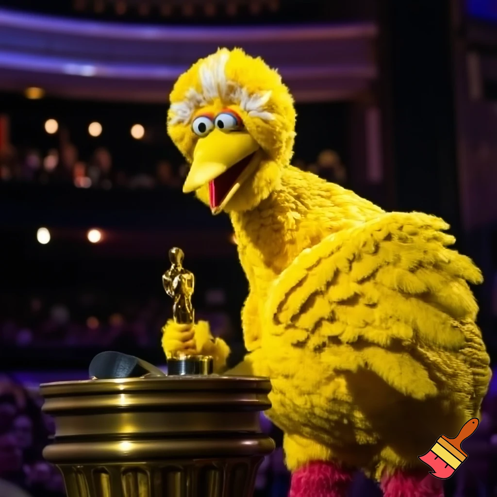 Big bird from Sesame Street winning a film award 
