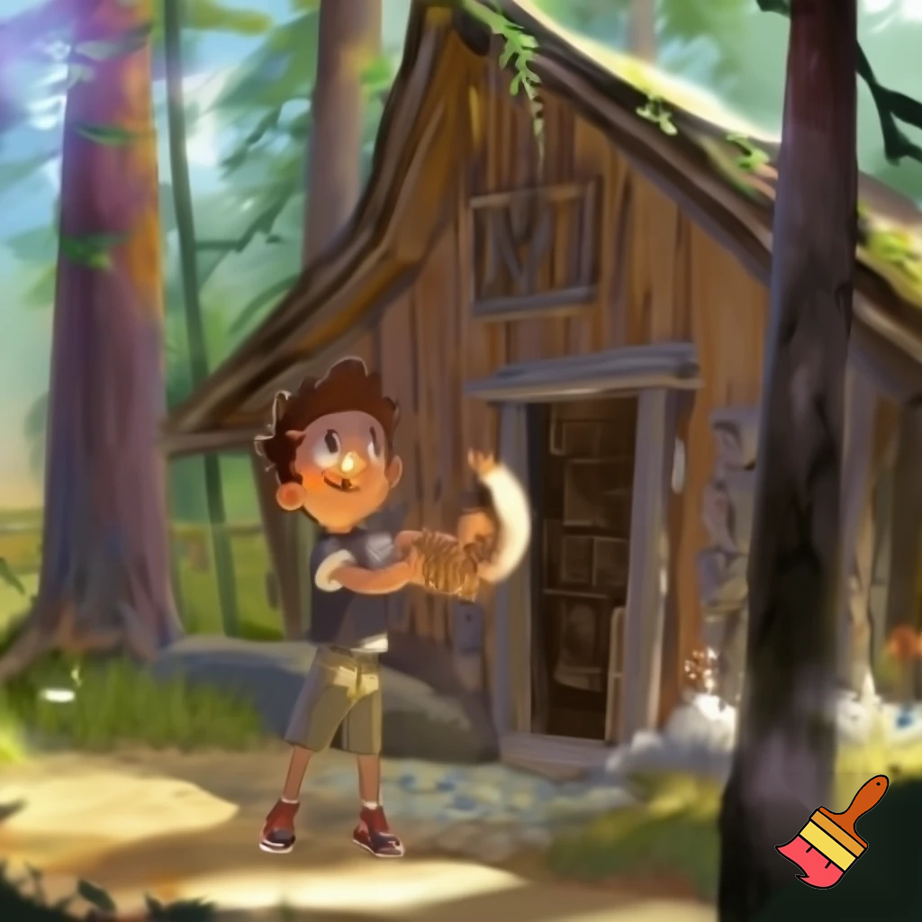 A kid that is in a front of a cabin and he is 11 years old 