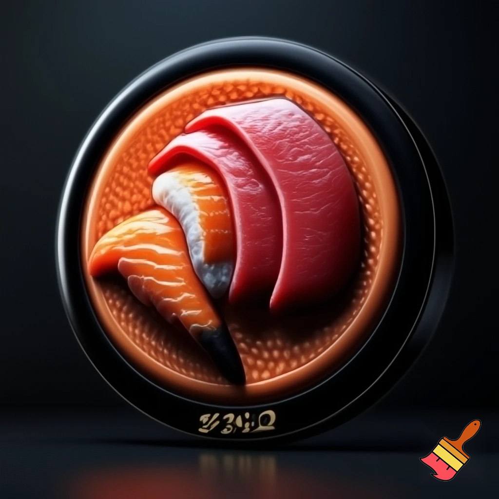 a sports club symbol featering  salmon and tuna sushi not animated not carton super realistic high contrast shadow and 3d Club name Sushi S.C. and on the bottem est 2026 make the sy mbol round