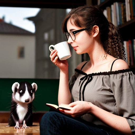 Wygeneruj dziewczynę czytającą książkę albo mangę. Dziewczyna ma brązowe, kręcone włosy do ramion i czarne okulary i bluzę (czarną albo szarą). Pije herbatę albo kawę. Może mieć luk. W tle jest magia. Obok niej siedzi fretka 