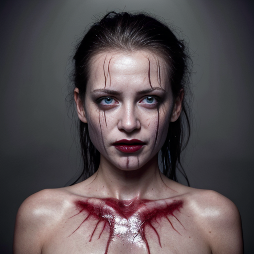 a hauntingly beautiful yet grotesque photorealistic portrait of a blonde woman, her porcelain skin streaked with glistening rivulets of fresh blood that drip from her chin and matted hair. A deep, freshly carved pentagram glistens wetly on her forehead, its edges ragged as if etched by frantic fingers. Her eyes are peacefully closed, lashes clumped with dark stains, while her primary mouth curls into a serene, almost beatific smile—a stark contrast to the horrors flanking it. Both cheeks are torn open like grotesque blossoms, revealing gaping secondary mouths lined with jagged, uneven teeth, their lips pulled back in silent screams that seem to vibrate with unseen agony. Her neck and upper chest are a raw, pulsing landscape of exposed muscle and sinew, glistening under the cinematic chiaroscuro lighting that casts dramatic shadows across her ruined flesh. The background is an inky void, swirling with faint, ghostly tendrils of mist, amplifying the macabre elegance of her suffering. Every detail—from the dewdrop sheen on her wounds to the way light catches the uneven edges of her torn skin—is rendered with hyper-realistic precision, making the horror feel unnervingly tangible.