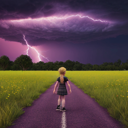 Lily Lowbraid from Poppy Playtime 5, standing upright, low-angle perspective, looking directly at tiny viewer (lilliput scale), one hand flat on the ground, palm naturally resting, fingers slightly spread, dramatic purple lightning sky, road and grass environment, realistic PS5-style graphics, photorealistic, highly detailed