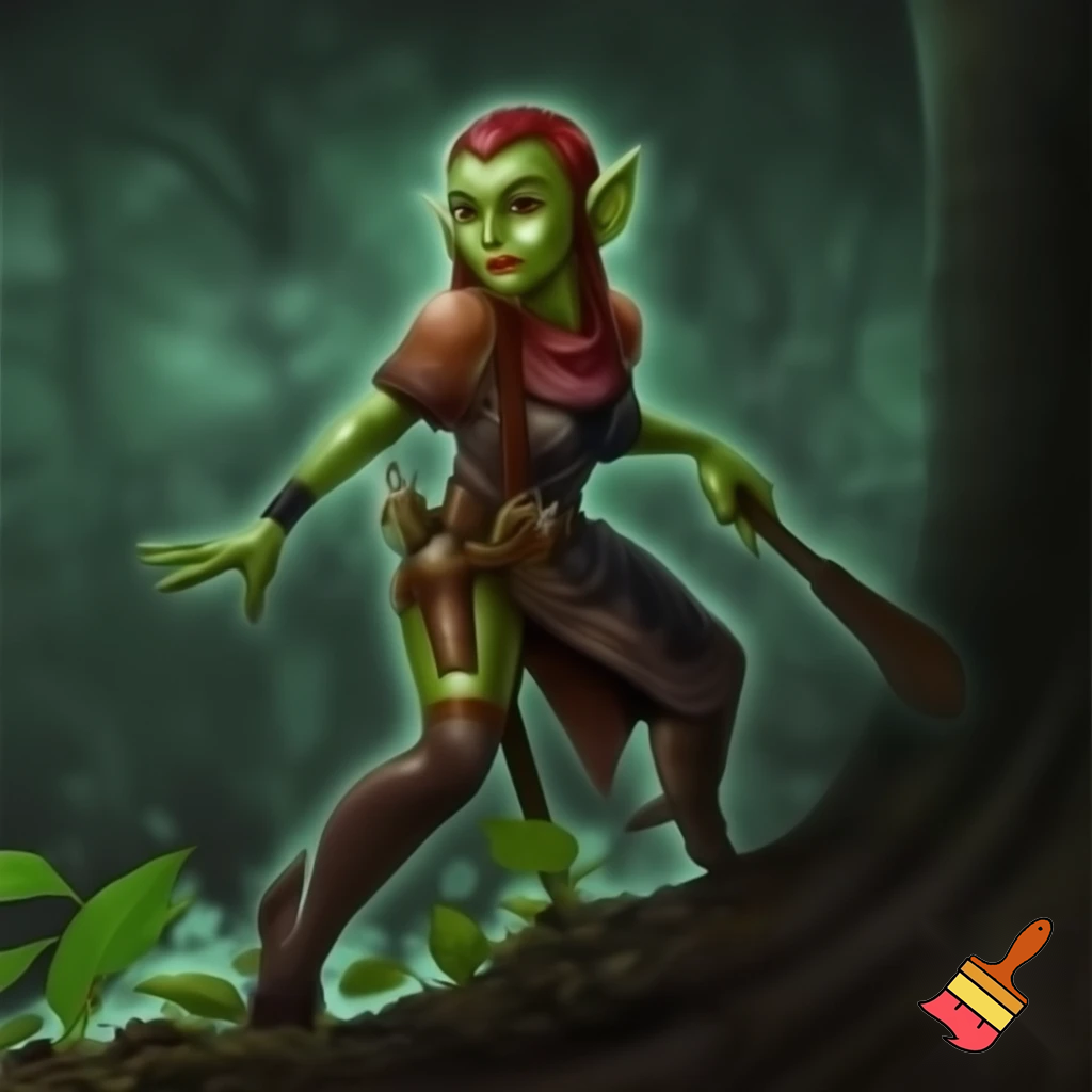 ambientazione fantasy, una ranger goblin femmina si aggira cauta tra le piante di un bosco misterioso con lo stile di Larry Elmore.