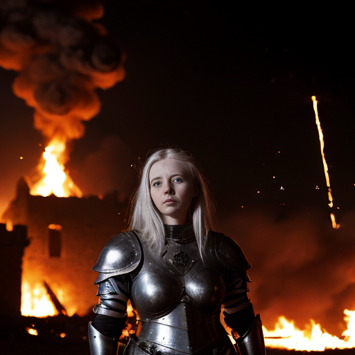 young, tall, white-haired woman in armor stands in front of a burning castle into which meteorites are falling.