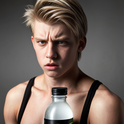 a blond teenager that is angry and looking at the camera. make him really ugly and holding a water bottle
