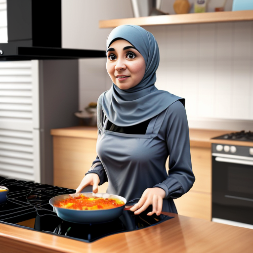Pixar-style 3D cartoon character, standing at the stove, cooking gesture, exaggerated cartoon features, big expressive eyes, Muslim woman 35-40 years old, fully covered in wide light blue dress, loose modest clothing, headscarf covering all hair, no sexualized features, gray background, simple cartoon style