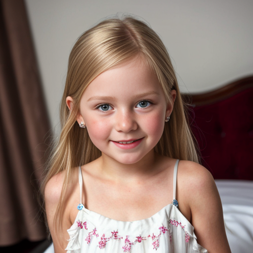 finnish little girl at night dress, very beautiful and eager, long blonde hair, on the bedroom, close up
