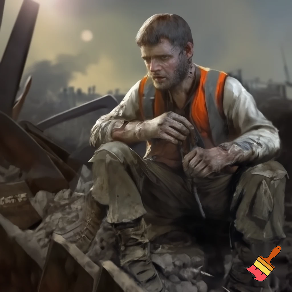 construction worker eating licorice in a warzone

