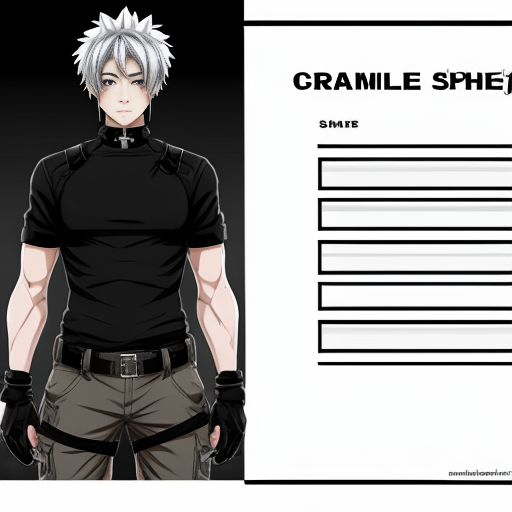 an anime boy, grayish short spikyish hair (but not too short) a red
left eye, with a scar, right eye is white, white skin (like a cloud) a choker,
skintight turtleneck that covers his hands like gloves, grayish black big
cargo pants with Keychains, black combat boots, some belts, and two guns
on each side of his waist, (character sheet), make him feminine and really skinny