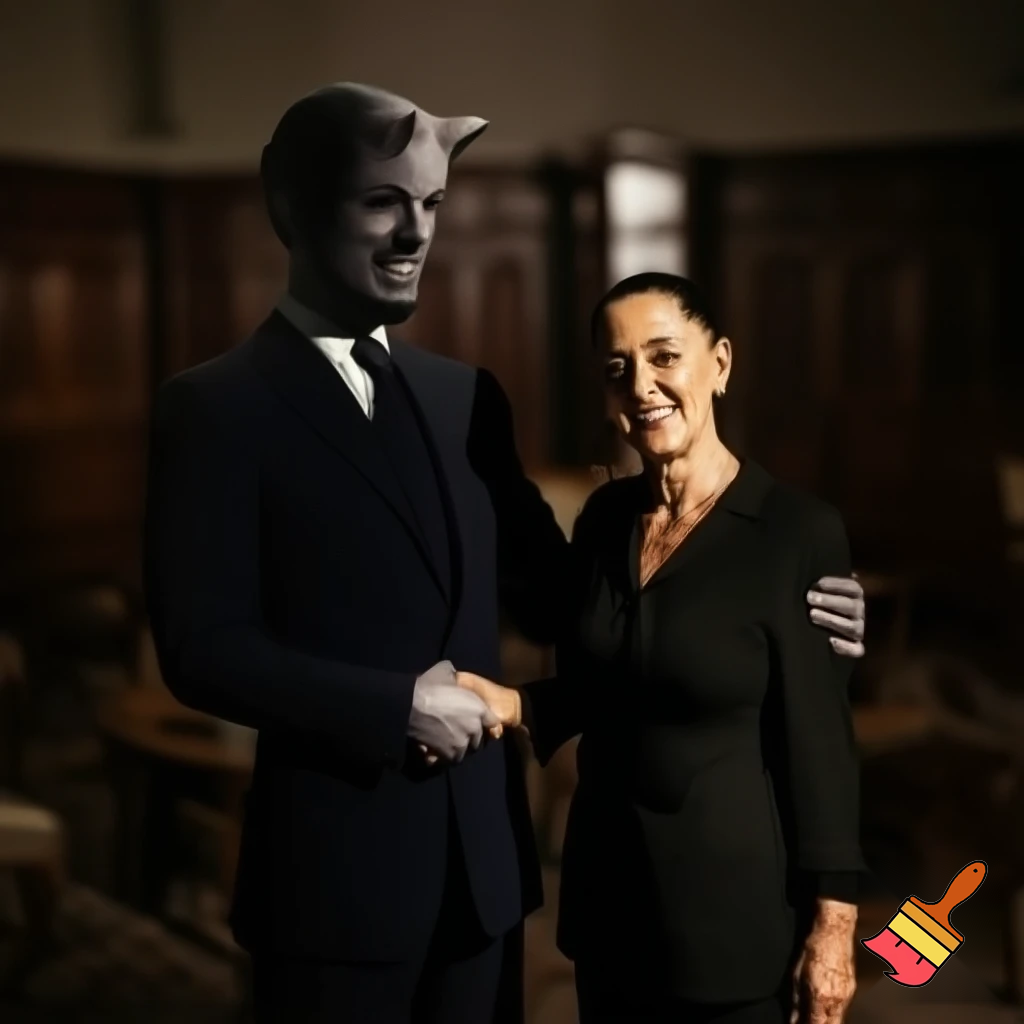 claudia sheinbaum holding hands with the devil and smiling, full body, making deals
