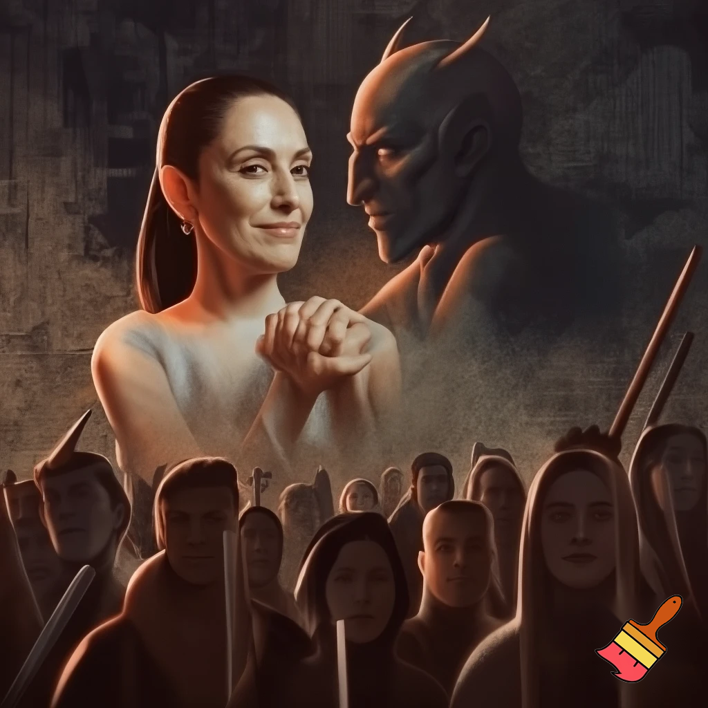 claudia sheinbaum holding hands with the devil and smiling, full body, and deep down people smiling with long weapons