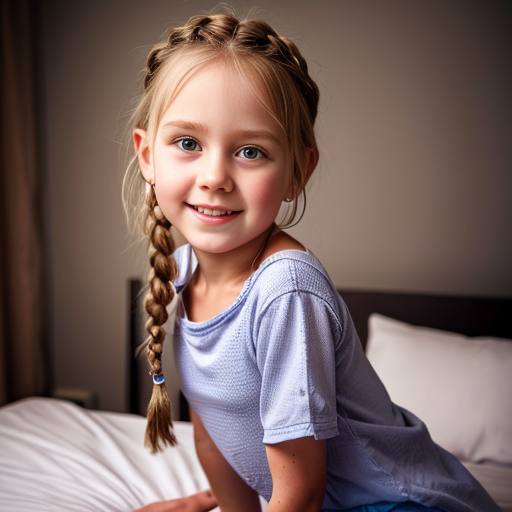 swedish blonde little girl with braids and night dress, on the bedroom