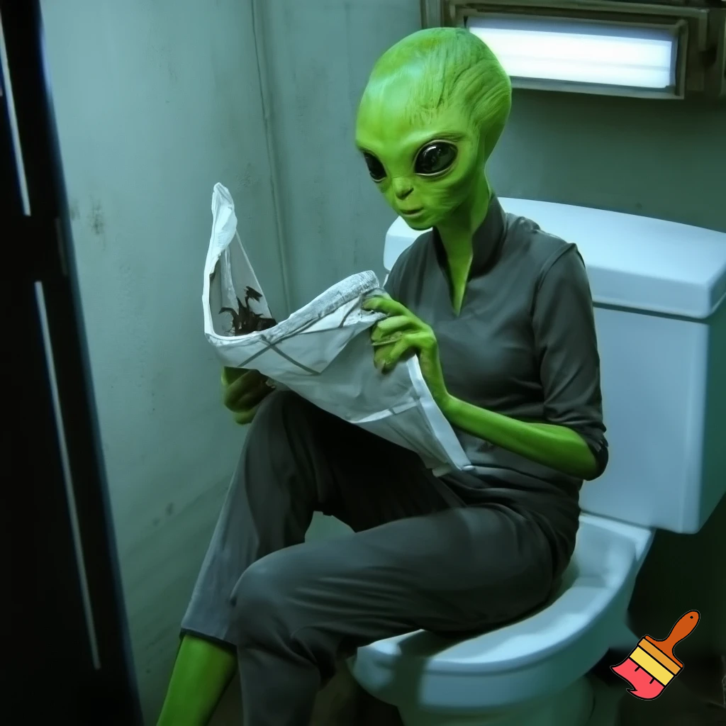A green female with  greenhuman body alien reading a newspaper on the seat of the toilet
