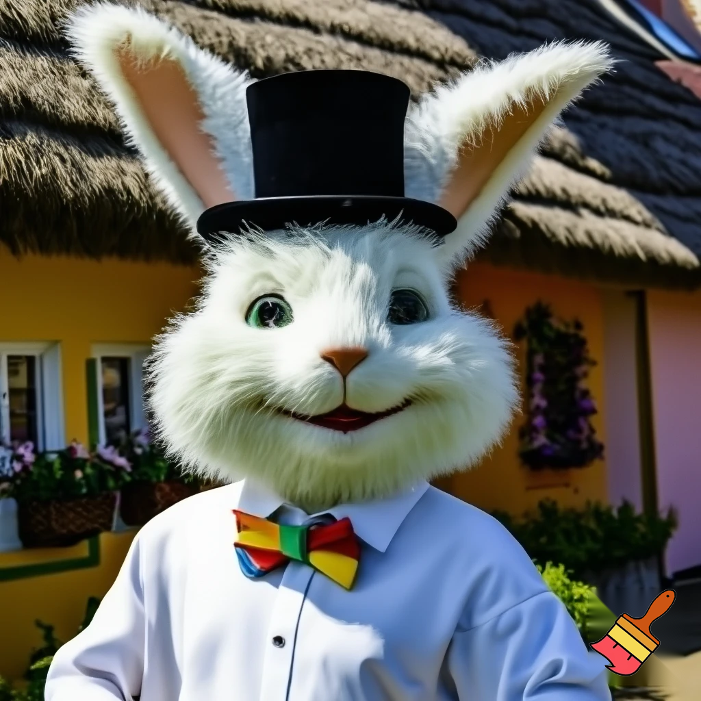 Easter bunny mascot top hat costume his house