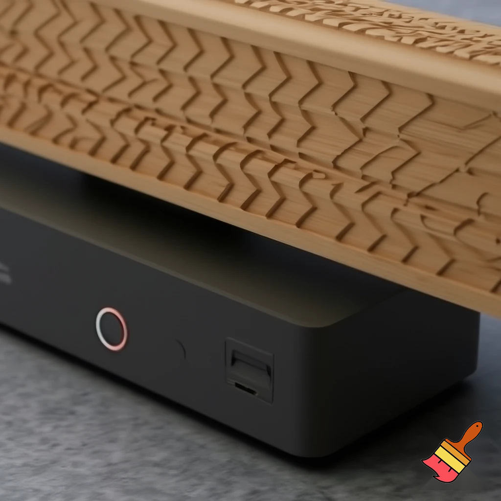 can you generate a light that is a long wooden cuboid and has indentations in it going diamond line diamond line and at the bottom is a base that has a charging socket, a colourchanging button and a on