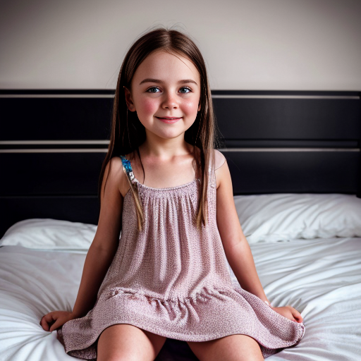 swedish little girl, long brunette hair, night dress, on the bedroom