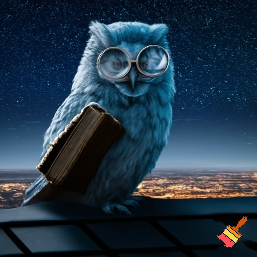 Búho erudito llamado PlumaSabia, con plumaje gris azulado y motas doradas. Lleva gafas redondas metálicas y sostiene un libro viejo bajo un ala. Está posado en un tejado nocturno con estrellas y luces de la ciudad al fondo. Estilo ilustración elegante, atmosférica, con detalles finos y tono sabio.”

Si quieres, también puedo: