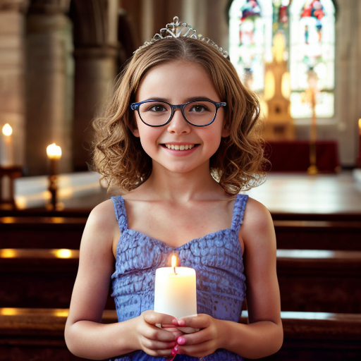 Cute adorable niña Chilindrina glasses con hair curly Blonde con corona Flores con verano elegante formal primera comunión sensual sexy con holding vela dé candela con altar con iglesia templó católico 4