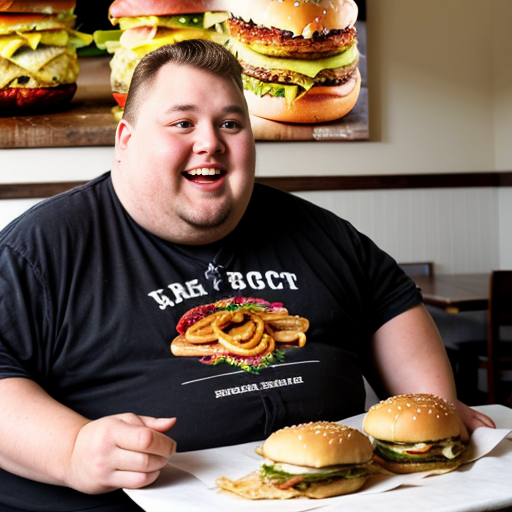 fat guy eating loads of burgers