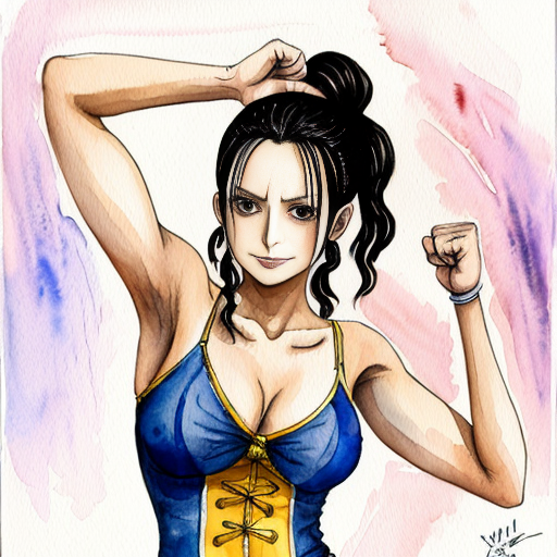 Nami one piece versione kunoichi posizionata frontalmente gambe divaricate piegata in avanti leggermente piegata di lato con un braccio piegato a se col pugno chiuso al busto e l'altro braccio disteso in alto con la mano aperta palmo verso l'alto