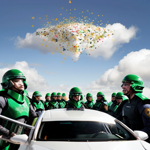 a mob of clone generals green helmets with front facing 4 golden stars on the brims unkempt white eye brows large white western mustaches multiple floating cloud shaped numbers 6 on the left of each clone multiple floating cloud shaped numbers 7 on the right of each clone advocating for safe driving practices with confetti
